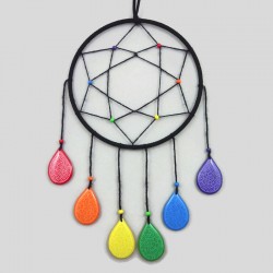 Black dreamcatcher with teardrops in the colors of the LGBT flag (red, orange, yellow, green, blue and purple)