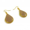 Yellow raindrops dangle earrings with purple doodles