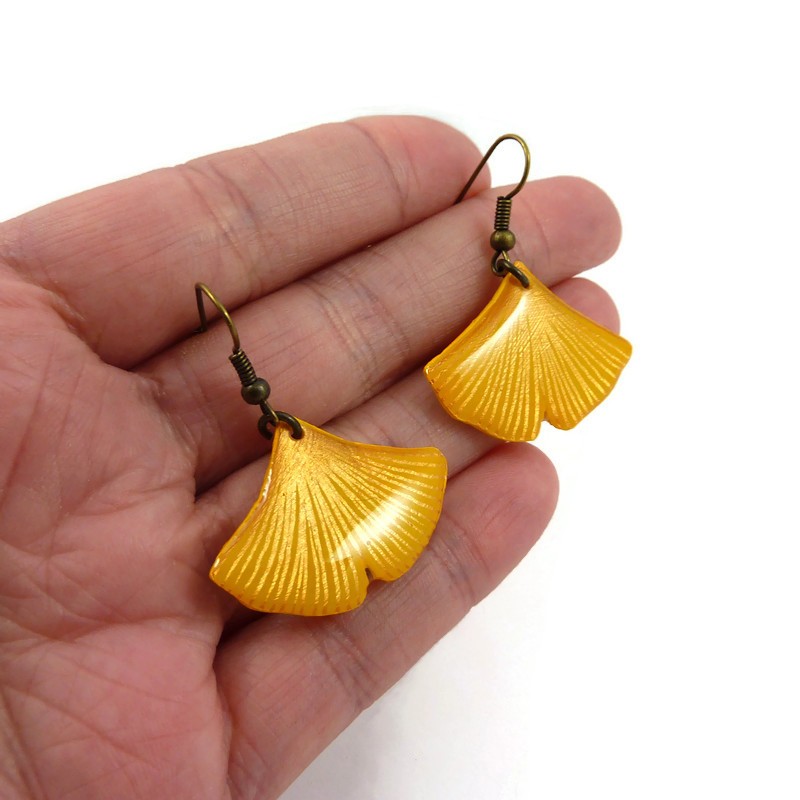 Yellow ginkgo leaves dangle earrings