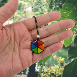 Rainbow hexagon bag charm made with hand-painted recycled CD by Savousépate