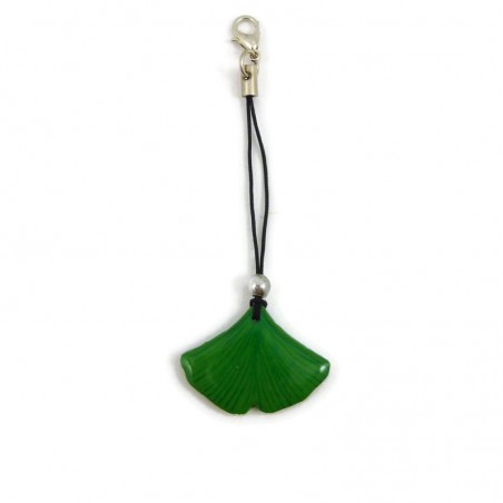 Green ginkgo leaf bag charm made with hand-painted recycled CD by Savousépate