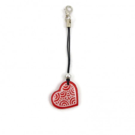 Red heart with white doodles bag charm made with hand-painted recycled CD by Savousépate