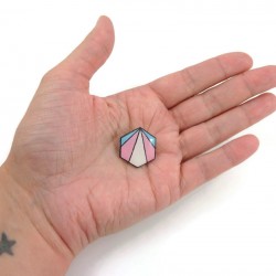 Hexagonal badge with the transgender pride colors (blue, pink and white)