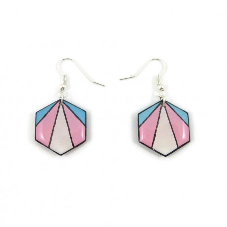 Boucles d'oreilles pendantes hexagonales aux couleurs de la fierté transgenre (bleu ciel, rose et blanc)