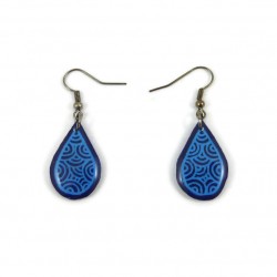 Navy blue droplets dangle earrings with azure blue doodles