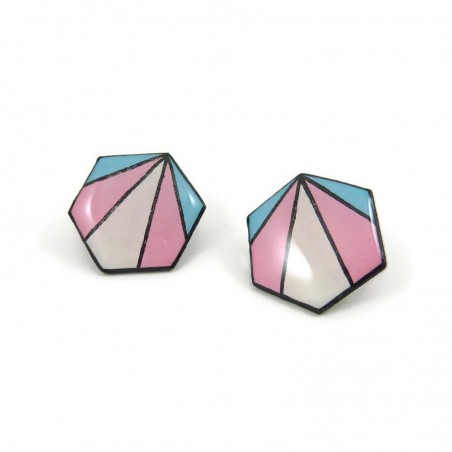 Transgender pride hexagons ear studs made with hand-painted recycled CD by Savousépate