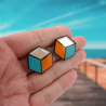 Iridescent, orange and cyan hexagons ear studs made with hand-painted recycled CD by Savousépate