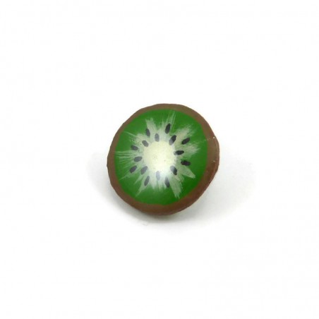 Eco-friendly green kiwi slice pin badge, made with hand-painted recycled CD