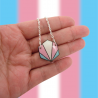 Hexagonal necklace in the colors of transgender pride (blue, pink and white)