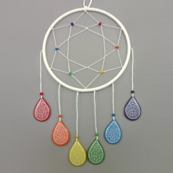 White dreamcatcher with teardrops in the colors of the LGBT flag (red, orange, yellow, green, blue and purple)