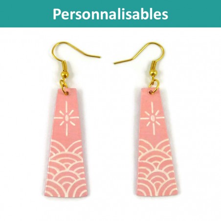 Boucles d'oreilles pendantes en forme de trapèzes personnalisables (couleurs au choix),  avec vagues et soleil stylisés