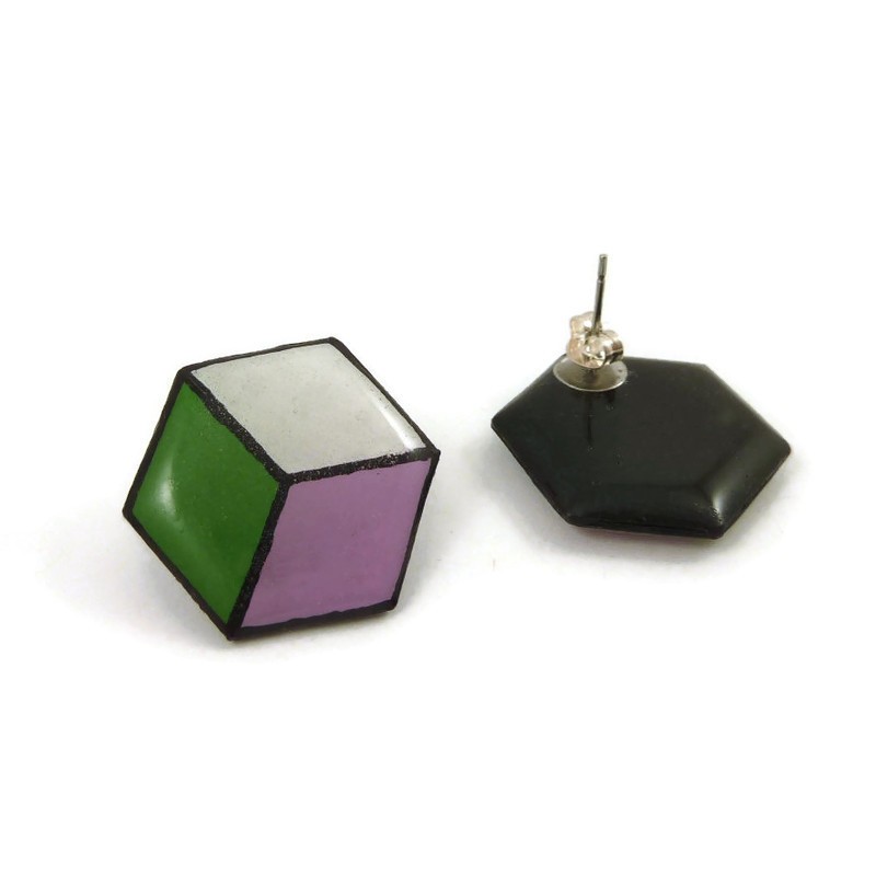 Puces d'oreilles hexagonales éco-responsables aux couleurs du drapeau genderqueer (violet, blanc et vert)