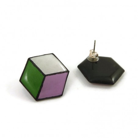 Eco-friendly hexagonal Genderqueer flag (purple, white and green) ear studs