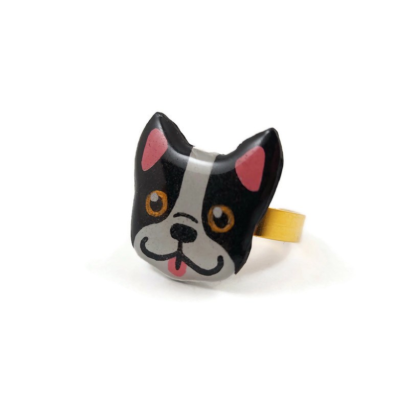 Black and white frenchie dog head adjustable ring