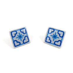 White and blue azulejos squares ear studs (version 1)