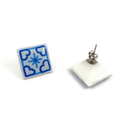 White and blue azulejos squares ear studs (version 1)