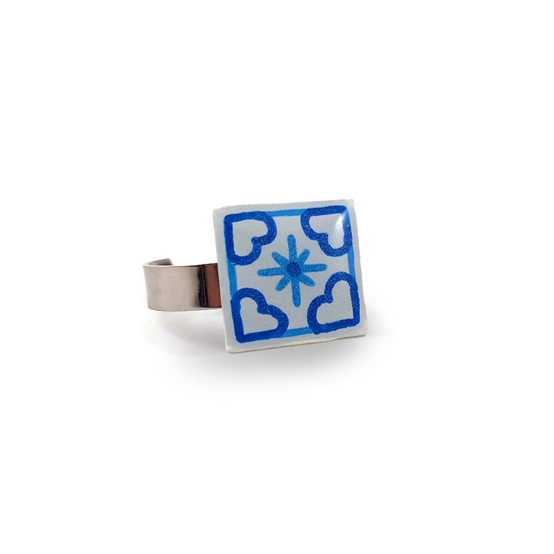 White and blue azulejo square ring (version 1)