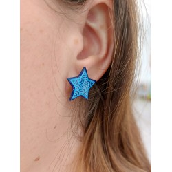 Eco-friendly navy blue stars with sky blue doodles ear studs