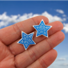 Puces d'oreilles éco-responsables en forme d'étoiles blanches aux volutes bleues métallisées