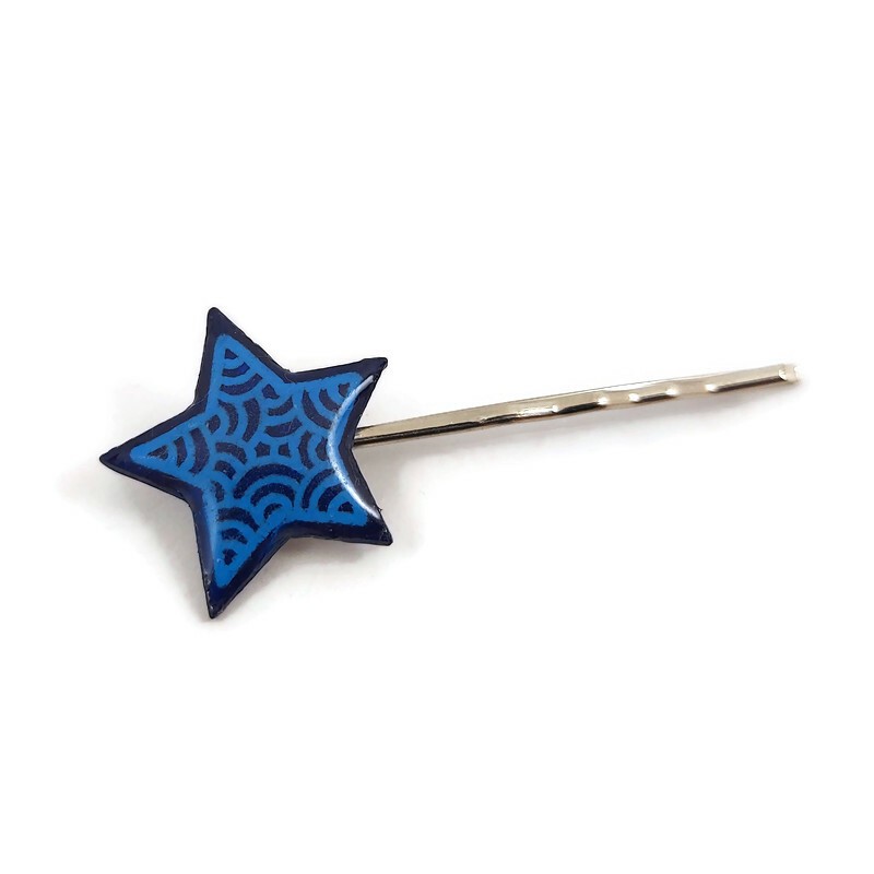Eco-friendly hair pin in the form of navy blue star with sky blue doodles