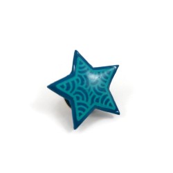 Eco-friendly pin badge in the form of teal blue star with aqua blue doodles