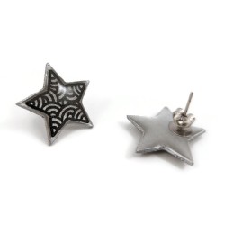 Eco-friendly silver stars with black doodles ear studs