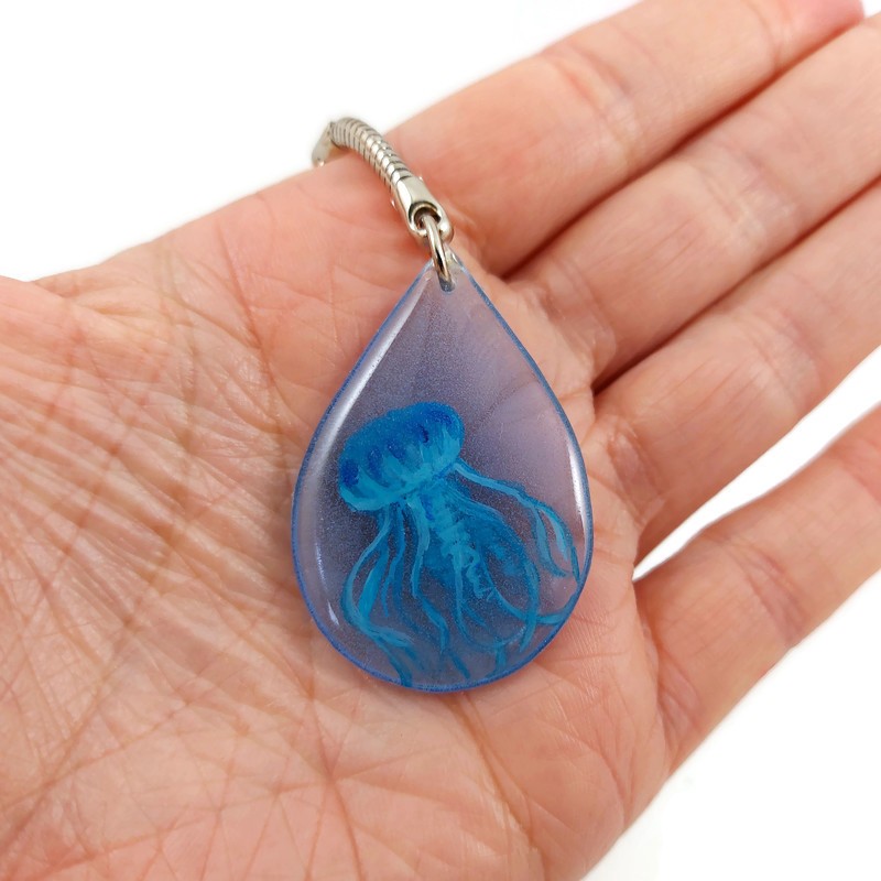 Eco-friendly teardrop keychain with blue jellyfish