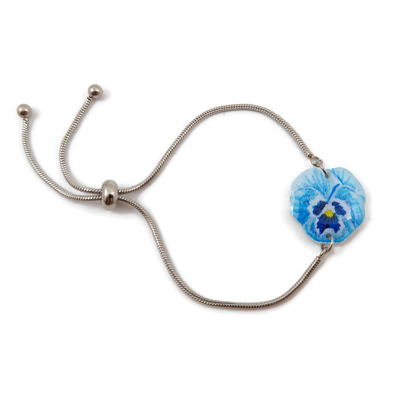 Adjustable pastel blue pansy flower bracelet