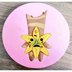Custom painted canvas Korogu with yellow lily flower on a pink background
