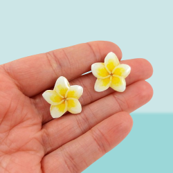 White and yellow frangipani flower ear studs