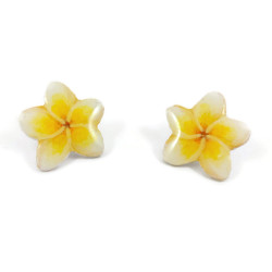 Puces d'oreilles fleurs de frangipanier blanches et jaunes