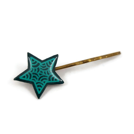 Dark green star hair pin with emerald green doodles