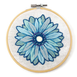 Blue gerbera embroidery with round mirror