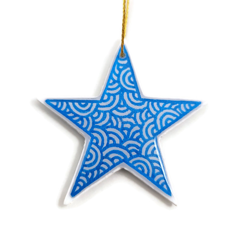 White star suspension with metallic blue doodles