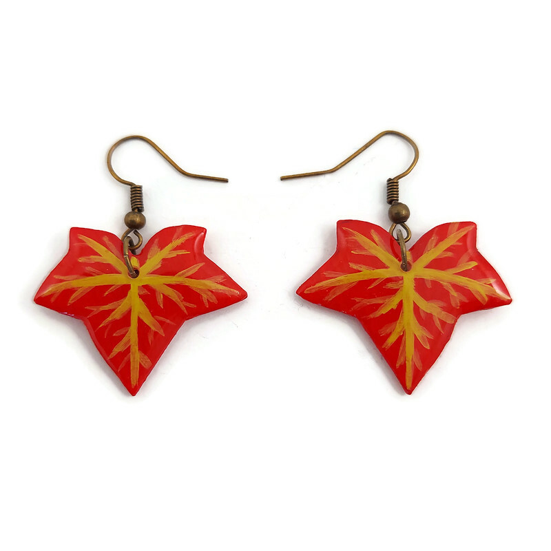 Burgundy red ivy leaves dangle earrings