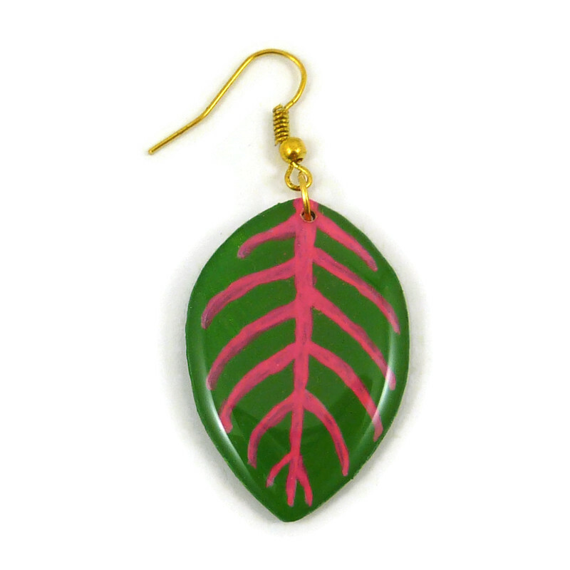 Green and neon pink fittonia leaf dangle earring (sold individually)