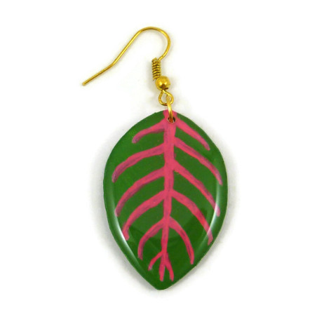 Green and neon pink fittonia leaf dangle earring (sold individually)