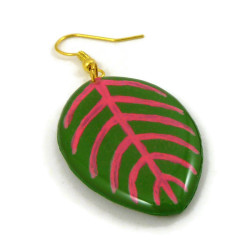 Green and neon pink fittonia leaf dangle earring (sold individually)