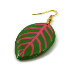 Boucle d'oreille feuille de Fittonia verte et rose fluo (à l'unité)