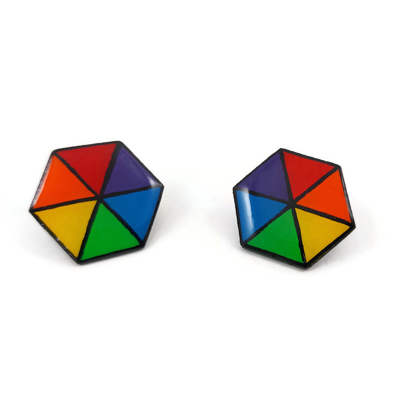 Puces d'oreilles hexagones arc-en-ciel