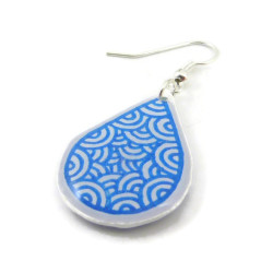 White teardrop earring with metallic royal blue doodles (Sold individually)