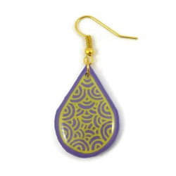 Boucle d'oreille goutte violette aux volutes jaunes (Vendue à l'unité)