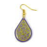 Boucle d'oreille goutte violette aux volutes jaunes (Vendue à l'unité)