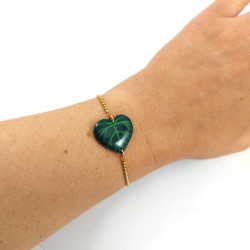 Bracelet réglable feuille verte en forme de cœur