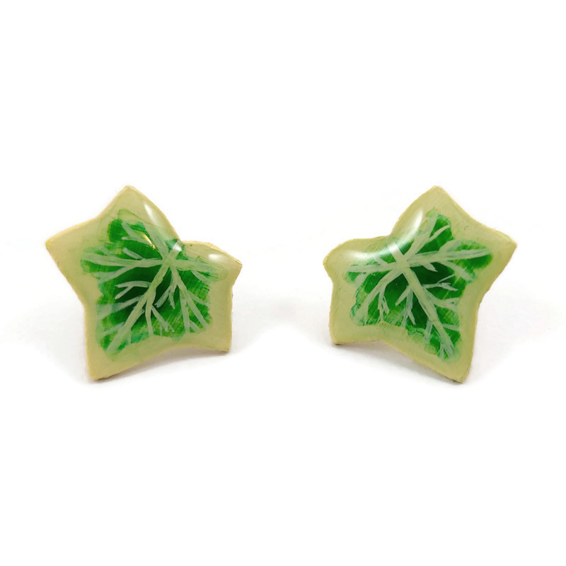 Yellow and green variegated ivy leaves ear studs