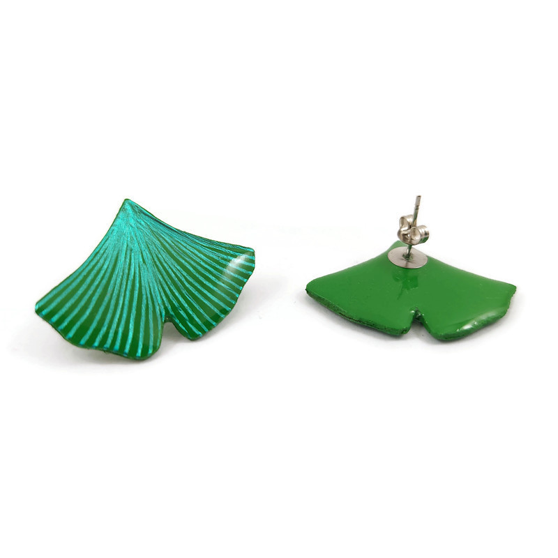 Green ginkgo leaves ear studs