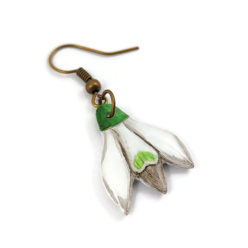 Boucle d'oreille fantaisie pendante en forme de perce-neige (Vendue à l'unité)