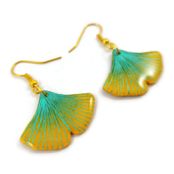 Boucles d'oreilles fantaisie pendantes en forme de feuilles de ginkgo bicolores vertes et jaunes