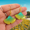 Yellow and green ginkgo leaves dangle earrings